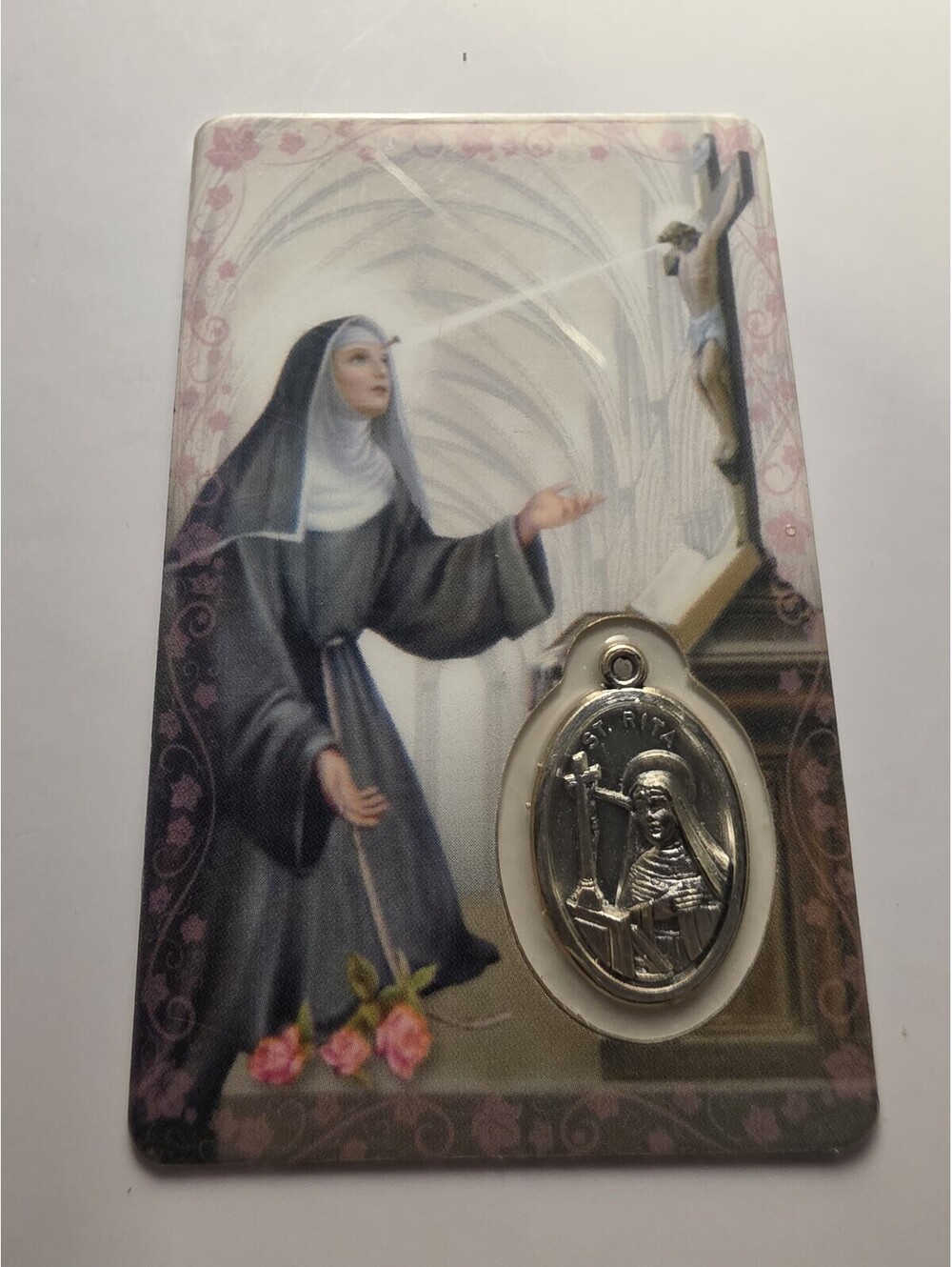 St. Rita Genuine Pewter Medal Plastified Catholic Card